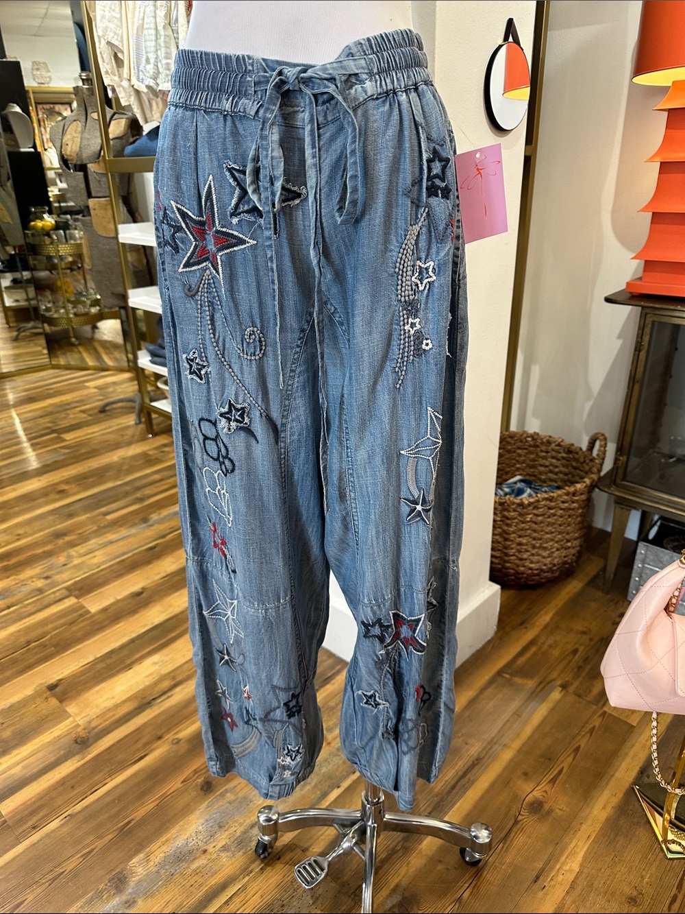 Embroidered Star-Accent Women's Denim Trousers - Blue